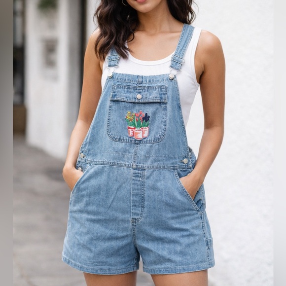 Cherokee Denim - Cherokee Light Blue Denim Overalls with Floral Embroidery XL